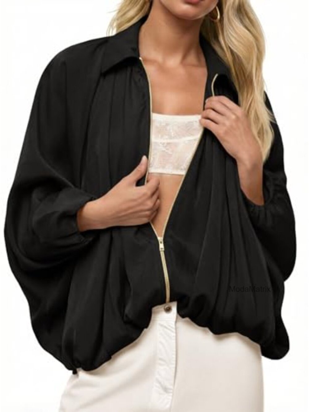 Womens Oversized Batwing Puffer Bomber Jacket Zip Up Casual Lightweight